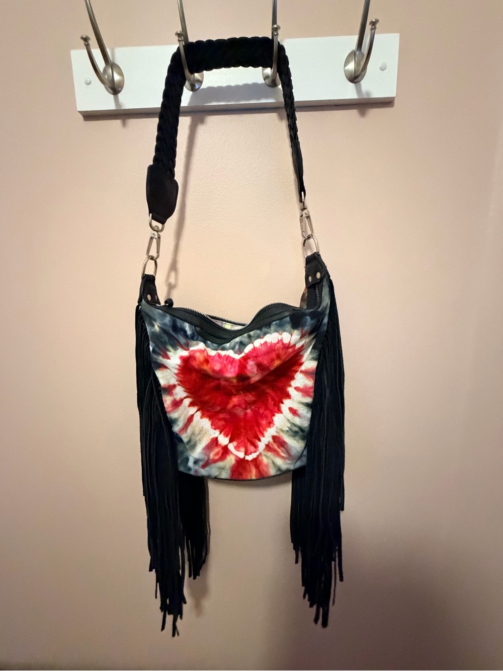 DC Tie Dye Heart Fringe Leather Shoulder Bag Boho Western Artisan Handmade